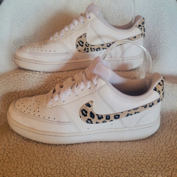 Nike Court Vision Low White w/Leopard Swoosh Court Shoe - Women's Size 8 - Picture 1 of 11